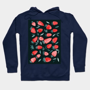 Watercolors strawberries - red and teal on dark background Hoodie